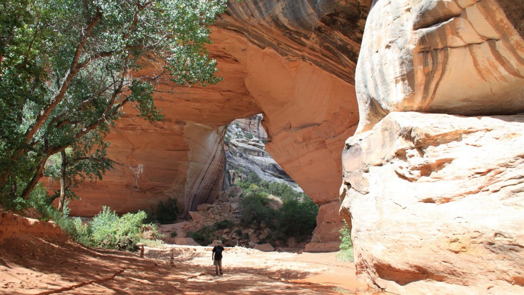 Stefano tout petit sous le Kachina Bridge, à Natural Bridges National Monument.