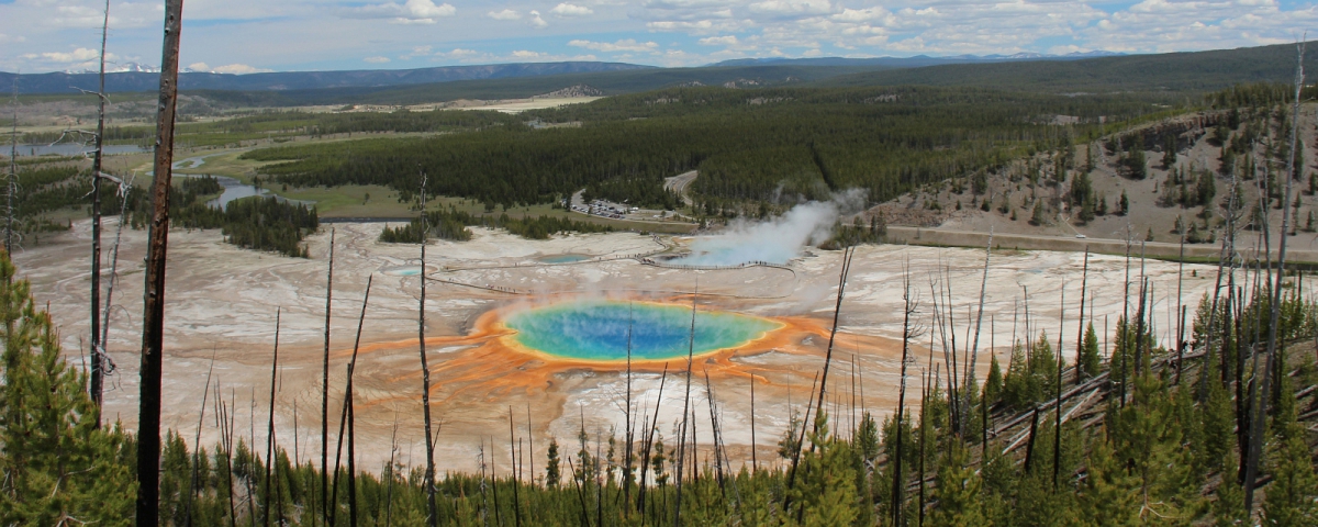 Vue sur le Grand Prismatic depuis le haut de la colline. À Yellowstone National Park.