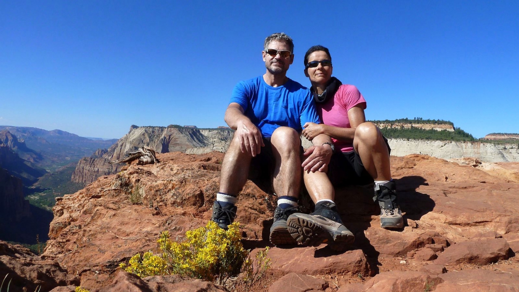 Stefano et Marie-Catherine à Observation Point, au Zion National Park, dans l'Utah.