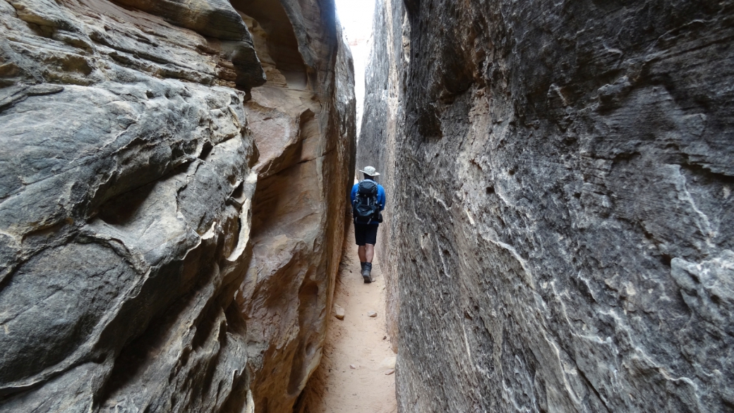 Passage étroit dans le Joint Trail, à Chesler Park, section de Needles. À Canyonlands National Park, dans l'Utah.