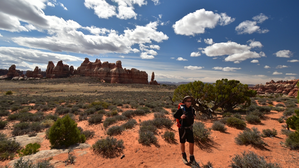 Marie-Catherine en admiration à Chelser Park, dans la section de Needles de Canyonlands National Park, dans l'Utah.