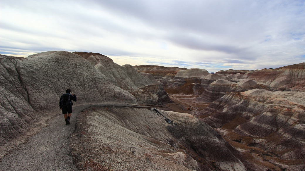 Stefano au départ du Blue Mesa Loop Trail, à Petrified Forest National Park, Arizona.