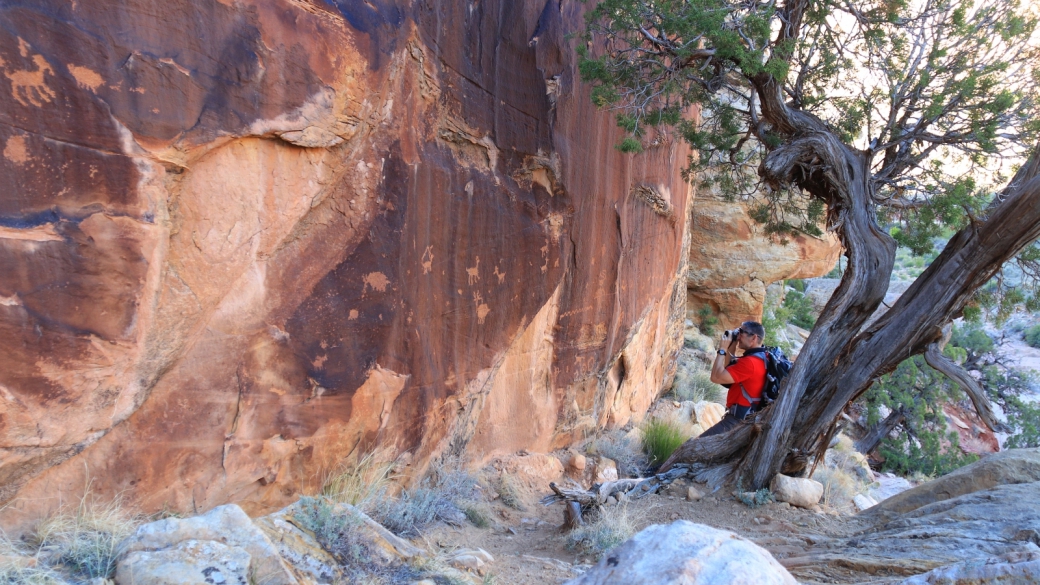 Stefano en pleine action sur le site de Shay Canyon à Indian Creek, près de Monticello, dans l'Utah.