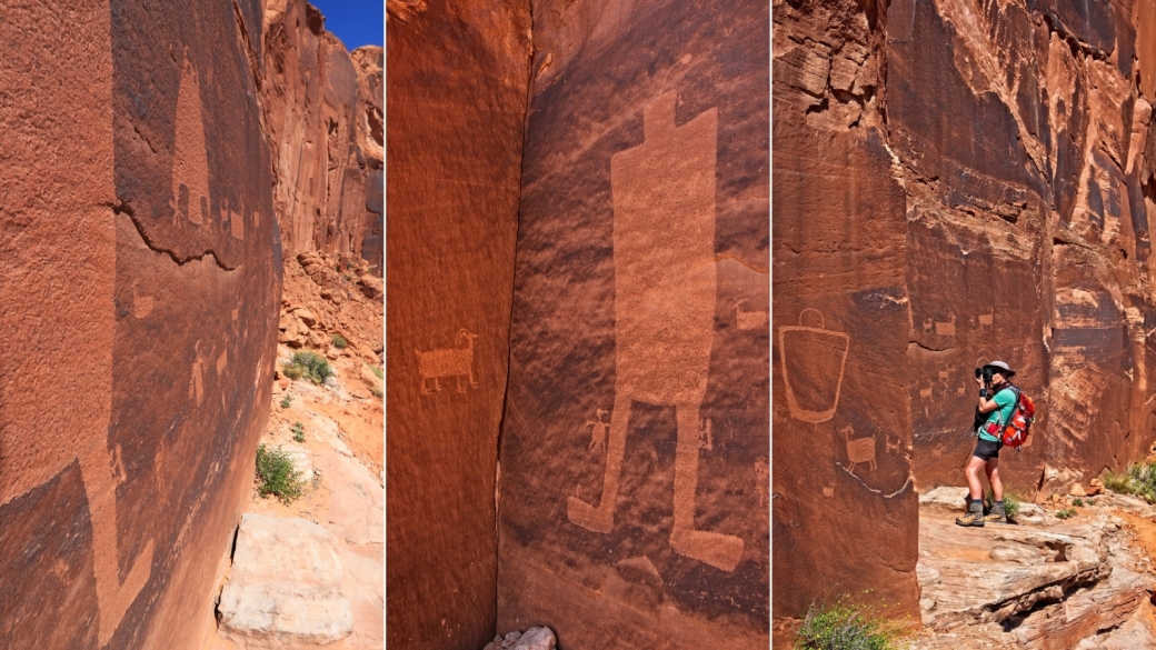 Triptyque autour du Owl Panel, et Marie-Catherine à l'oeuvre. À Kane Creek Blvd, près de Moab.