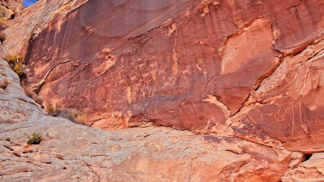 Vue sur les pétroglyphes du Atlatl Panel, à Natural Bridges National Monument.