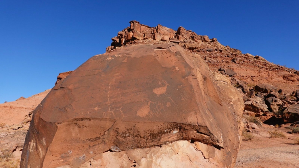 Magnifiques pétroglyphes avec des chèvres, à Little Black Mountain Petroglyph Site, Arizona Strip.