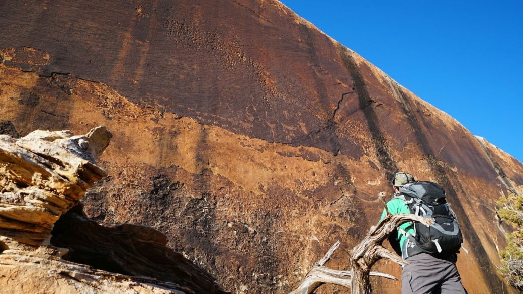 Prise de vue depuis le bas, du Hunt Panel, à Cedar Mesa, Utah.